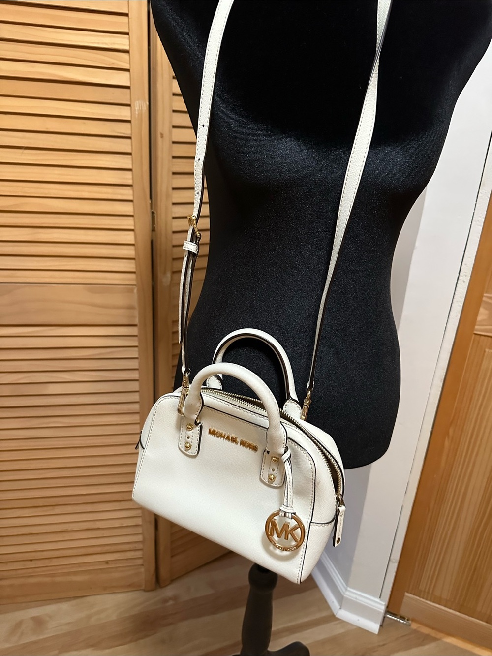Michael Kors Cream Leather Mini Dome Crossbody with Gold Hardware